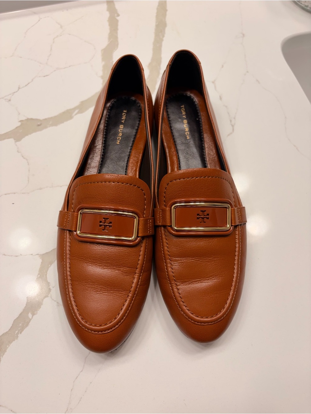 Tory Burch Tan Leather Logo Buckle Loafers